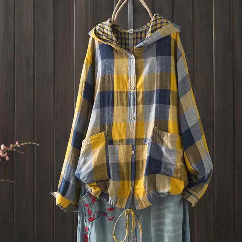 Hooded Double Cotton Yarn Plaid Shirt Plus Size Literary Vintage Casual Cardigan Top Jacket Wholesale_ecoleips.com