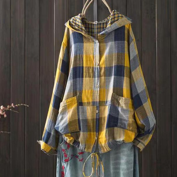 Hooded Double Cotton Yarn Plaid Shirt Plus Size Literary Vintage Casual Cardigan Top Jacket Wholesale_ecoleips.com