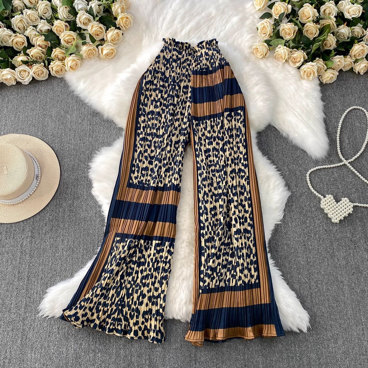 Women's High-Waisted Wide Leg Pants Leopard Print Casual Slimming Draped Pleated Trousers_ecoleips.com