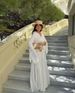 Elegant V-Neck Lace Trimmed Long Dress – Romantic & Chic Women's Evening Gown, Flowy & Feminine (White, S-L)_ecoleips.com