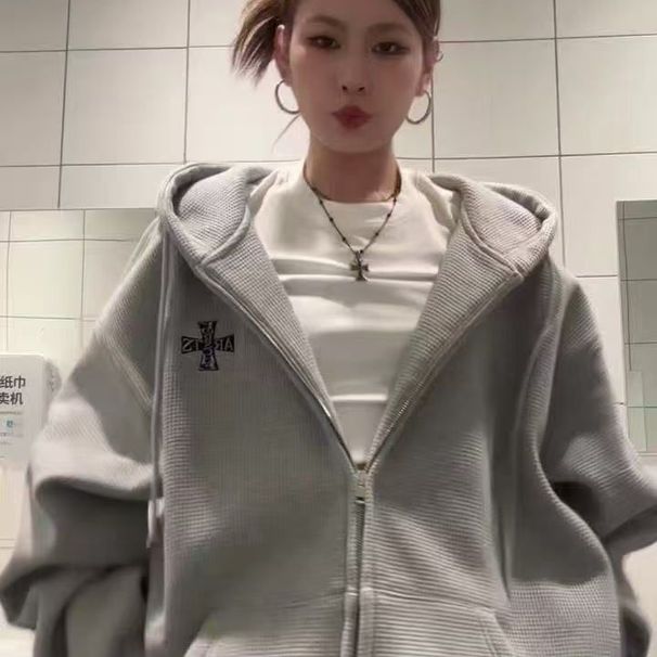 Chinese Trendy Brand Waffle Knit Hooded Cardigan Sweatshirt For Women, Autumn And Winter, Loose Oversize American High_ecoleips.com