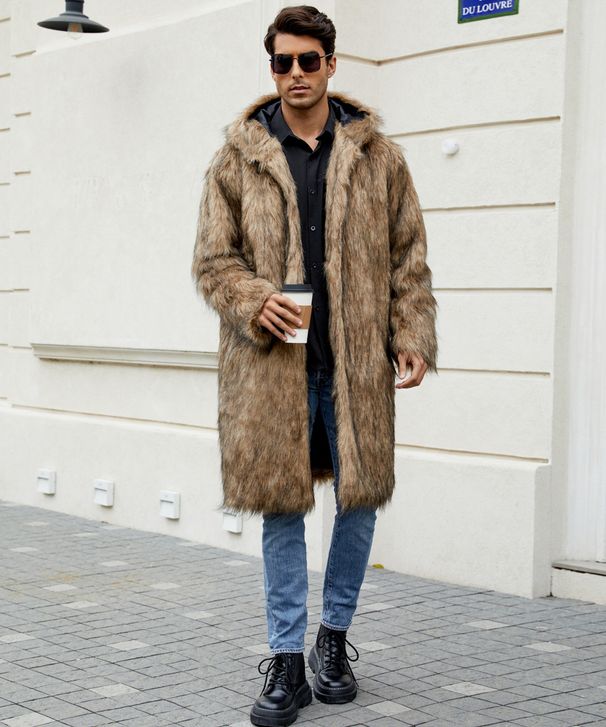 Men’s Premium Faux Fur Hooded Coat – Winter & Autumn Long Coat With Stand Collar (Black/Yellow/Snow Fox, Sizes S-XXXL)_ecoleips.com