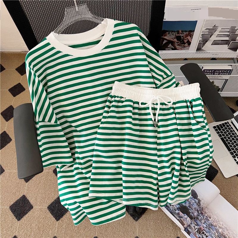 Women's Clothing Fashion Striped Sports Suit For Women In Summer Thin Slimming Versatile Short Sleeved Shorts Two Piece Suit_ecoleips.com