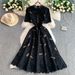 Women’s Clothing High End Stand Up Collar Short Sleeved Dress For Women New Style Celebrity Lace Hollow Waist Slim Long Skirt_ecoleips.com