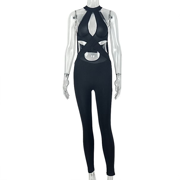 European And American Style Leisure Women's Backless Elastic Hollow Design One-piece Pants Wrap Bust Neckline Solid Color Long One-piece Dress_ecoleips.com