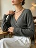 Dark Grey Deep V Wrap Pit Rib Knit Sweater, Loose Lightweight Breathable Soft Skin-touch Long Sleeve Slim Waist Pullover_ecoleips.com