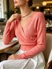 Women Wrap V Neck Ribbed Knit Top Loose Long Sleeve Lightweight Hollow Texture Breathable Skin-friendly Crop Knit Blouse_ecoleips.com