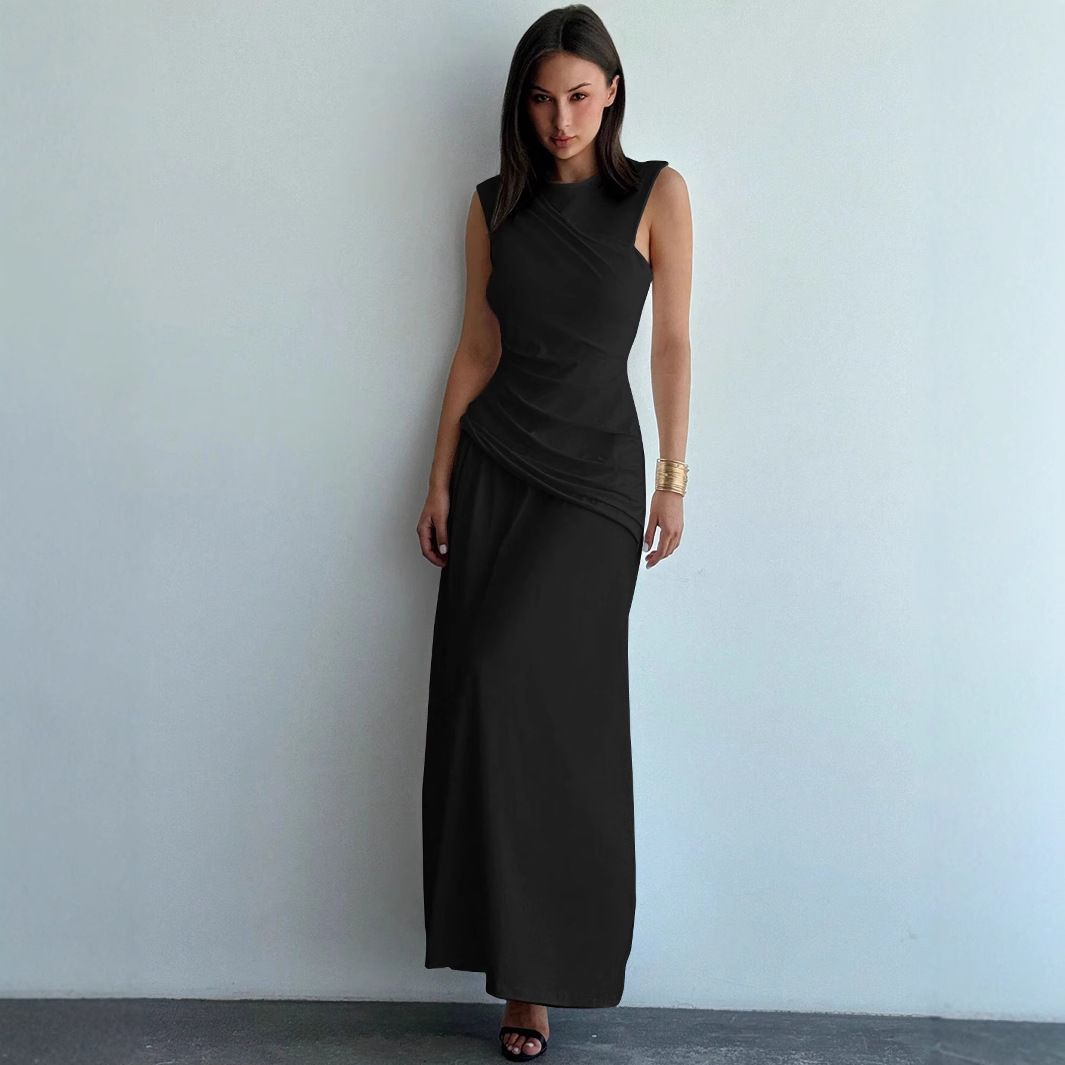 Summer Slim Fit Faux Two Piece Sleeveless round Neck Dress Fashionable Gathered Gentle Style Slimming Women's Clothing_ecoleips.com