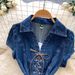 Women's Commuter Style V Neck Skin Friendly Breathable Tie up Denim Shirt Summer Slimming Short Sleeved Top_ecoleips.com