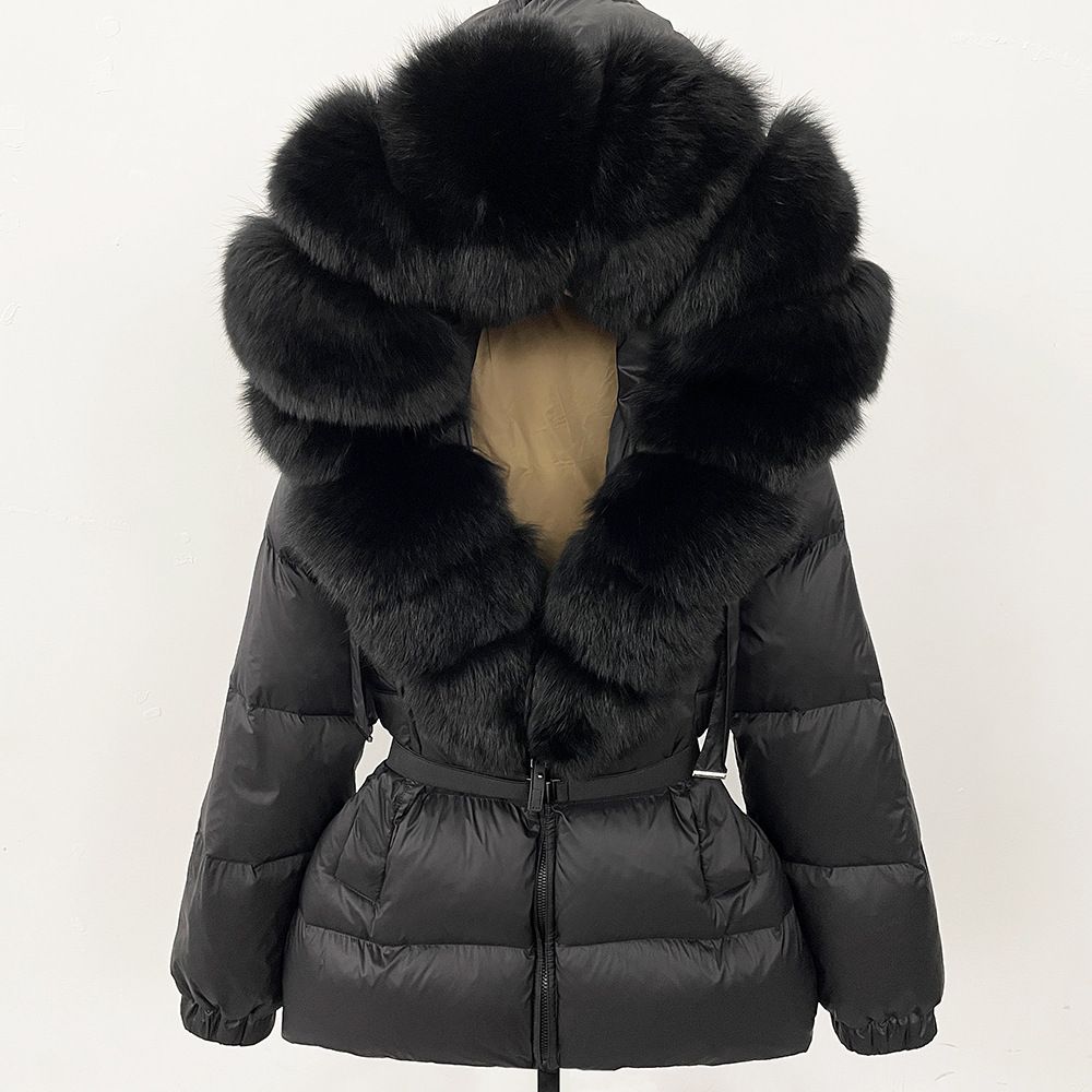 Winter New Down Jacket Women's Medium Length Waist Thickened Large Fur Collar Hooded Fashionable Warm Coat Fox Fur_ecoleips.com