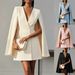 Double-Breasted Cape Dress – Polyester-Spandex Blend, V-Neck Office Wear, Versatile Fall Layering For Women_ecoleips.com