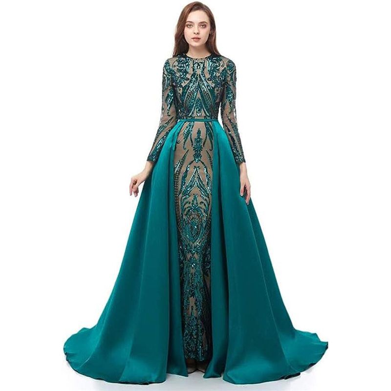 European And American Foreign Trade Evening Dress 2025 Spring And Summer New Green Dress Fishtail Long Sleeve Light Luxury Trailing Evening Dress Lace_ecoleips.com