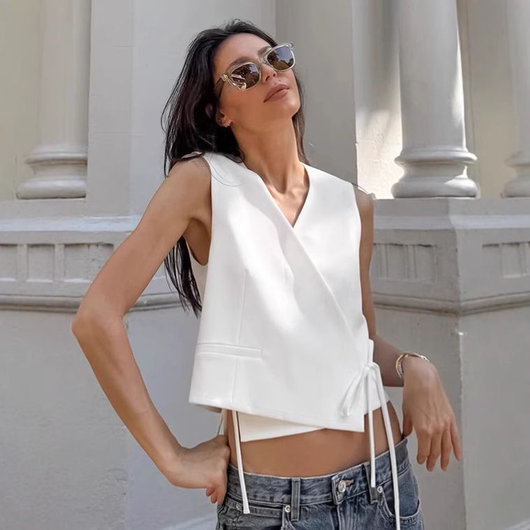 Women's Clothing Temperament White Sleeveless Shirt Women Design Lace Up V Neck Vest Top_ecoleips.com