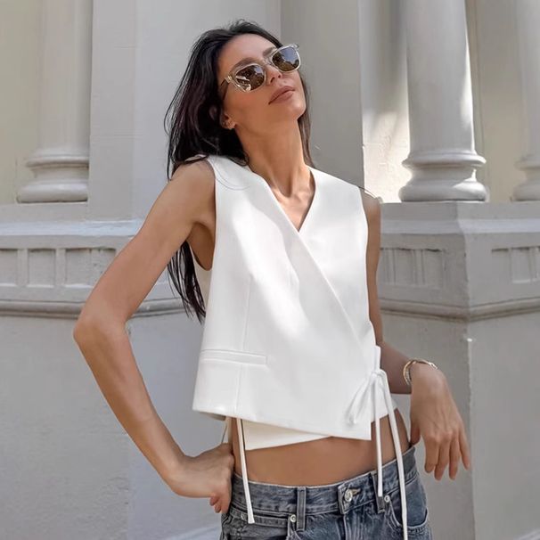 Women's Clothing Temperament White Sleeveless Shirt Women Design Lace Up V Neck Vest Top_ecoleips.com