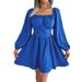 2026 Spring/Summer European And American Casual Solid Color Ruffled Square Neck Waist-Cinching Flared Dress_ecoleips.com