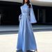Lady Fashion High Waist Beading Design Long Dress Spring Elegant O Neck Solid Evening Dress Womens Long Sleeve A-Line Maxi Dress_ecoleips.com