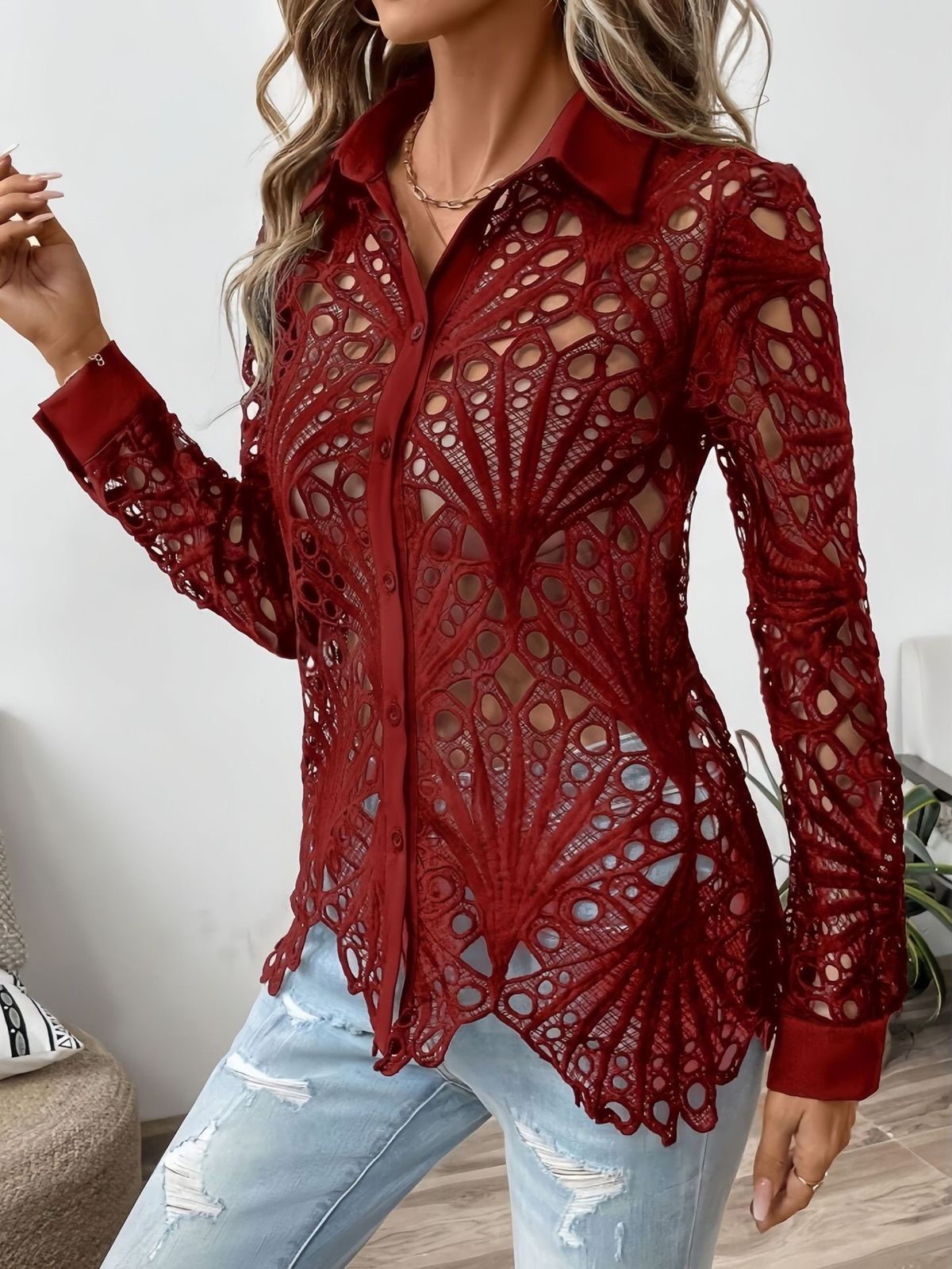 Women's Clothing Retro Polo Collar Hollow Solid Color Lace t Shirt Winter Commuter Button Cardigan Long Sleeved Top_ecoleips.com