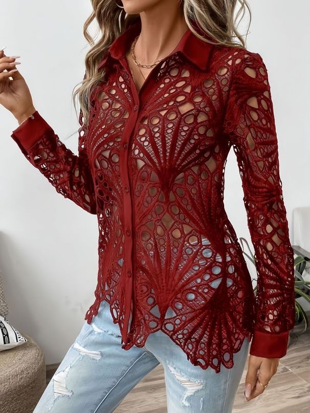 Women's Clothing Retro Polo Collar Hollow Solid Color Lace t Shirt Winter Commuter Button Cardigan Long Sleeved Top_ecoleips.com