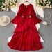 High Grade Temperament And Elegant Diamond Studded Three Dimensional Flower Trumpet Sleeve Dress For Women In Summer With Waist And Ruffled Long Skirt_ecoleips.com