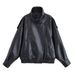Women's Faux Leather Jacket With Stand Collar, Litchi Grain Texture, Loose Fit, Long Sleeve, Black, Casual & Office Wear_ecoleips.com
