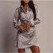 Satin Twist-Front Dress – Polo Collar Slim Fit Midi Dress (Gray/Black/Cream/Brown/Green, S-XL)_ecoleips.com