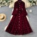 Elegant French Retro Velvet Dress With Embellished Beading, High Neck, Lantern Sleeves, Lace-Up Waist & Flared Hem_ecoleips.com