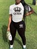 Women's Casual Fashion QUEEN Letter Pattern Printed Loose T-shirt+cropped Pants Two-piece Home Sportswear Daily Wear-404_ecoleips.com