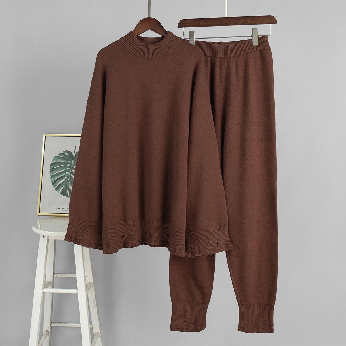 Women's Ripped Sweater Set Crew Neck Knitted Skinny Pants Casual Fashion Autumn Winter Trendy Clothing_ecoleips.com