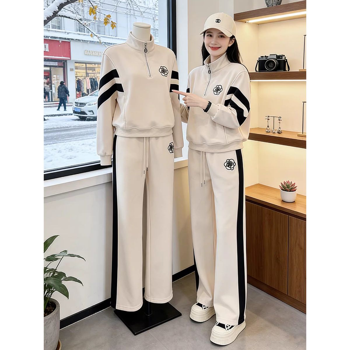 Sweet Girl Women's Fashionable Spring Outfit Apricot Color Half Zip Pullover Sweatshirt And Sweatpants Two Piece Set_ecoleips.com