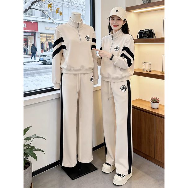 Sweet Girl Women's Fashionable Spring Outfit Apricot Color Half Zip Pullover Sweatshirt And Sweatpants Two Piece Set_ecoleips.com
