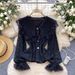 Elegant Lace Trimmed Peter Pan Collar Flared Sleeve Top French Style Single Breasted Slimming Long Sleeved Shirt For Women_ecoleips.com
