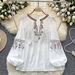 Retro Artistic Fashionable Heavy Duty Embroidered Tie Waist Lantern Sleeve Loose Fit Casual Vacation Blouse For Women New Style Versatile Top_ecoleips.com