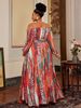 Curvy Women Vibrant Abstract Print Off Shoulder Puff Sleeve Maxi Dress, Belt Tie Bow High Slit Flowy Swing Gown For Beach Vacation Night Party_ecoleips.com