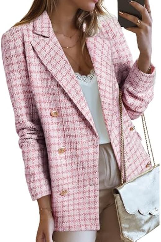Women's Clothing Tweed Suit Jacket Casual Jacket Long Sleeve Double Breasted Front Plaid Work Clothes_ecoleips.com