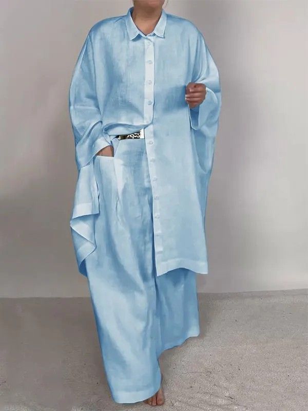 Minimalist Wide-Leg Pants Set – Oversized Long Sleeve Shirt & Flowy Trousers (White/Green/Blue/Gray/Red/Black/Purple, S-5XL)_ecoleips.com