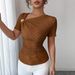 Elegant Pleated Slim Fit Knitted Short Sleeved Top Asymmetrical Neckline 3D Rose Gold Button Embellishments Women's Clothing Platform Style_ecoleips.com