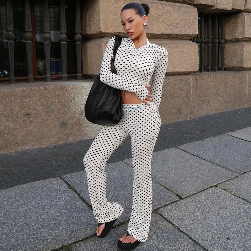 Women's French Style Polka Dot Cardigan Hooded Top And Color Block Trousers Set Autumn Winter Fashion Low Waist New Arrivals_ecoleips.com