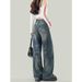 Unique Retro Blue Ripped Wide-leg Jeans For Women, Summer American-style Distressed Loose Straight-leg Pants, Versatile_ecoleips.com