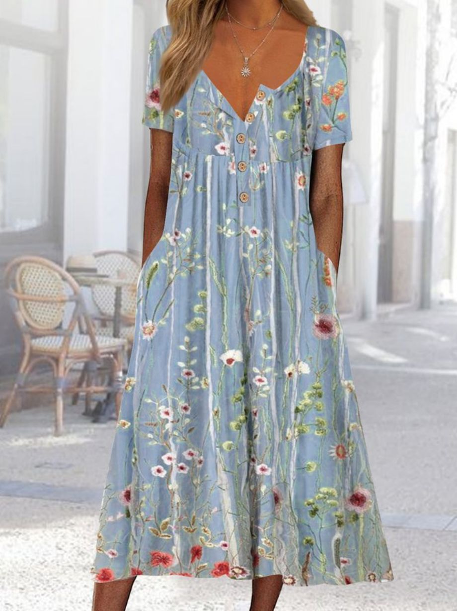 Summer New Women's Casual Floral Print Button round Neck mid Length Straight Pullover Dress Independent Website Clothing_ecoleips.com