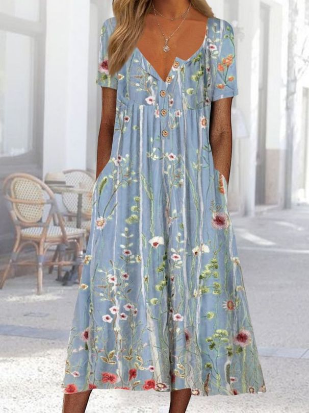Summer New Women's Casual Floral Print Button round Neck mid Length Straight Pullover Dress Independent Website Clothing_ecoleips.com