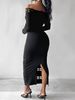 Maxi Dress Spring Summer Women Black Off-the-shoulder Long Sleeve Lace Cutout Bodycon Sexy Party Date Dress_ecoleips.com