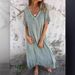 Women's Clothing Spring And Summer Loose Skirt Short Sleeved V Neck Solid Color Cotton And Linen Dress_ecoleips.com