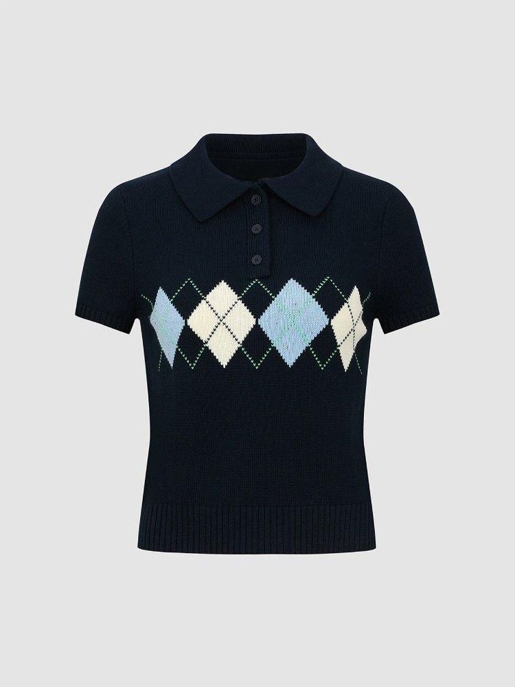 Women's Preppy Short Sleeve Cropped Sweater French- Inspired Argyle Polo Knit Top with Collar Detail_ecoleips.com