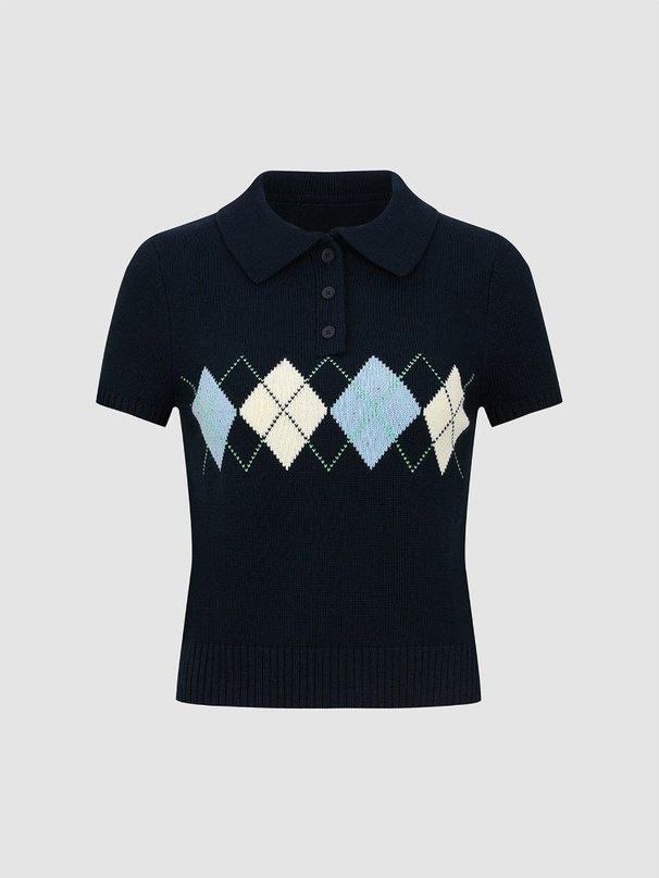 Women's Preppy Short Sleeve Cropped Sweater French- Inspired Argyle Polo Knit Top with Collar Detail_ecoleips.com