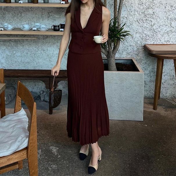 French Style Sleeveless Complements The Vest Dress Vest Dress Set With Pleats High Waisted Midi Skirt Spring Autumn Polyester_ecoleips.com