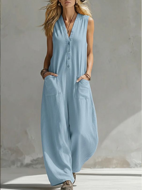 Women's Casual Linen Cotton Jumpsuit Style Sleeveless Double Pocket Jumpsuit Fashion_ecoleips.com