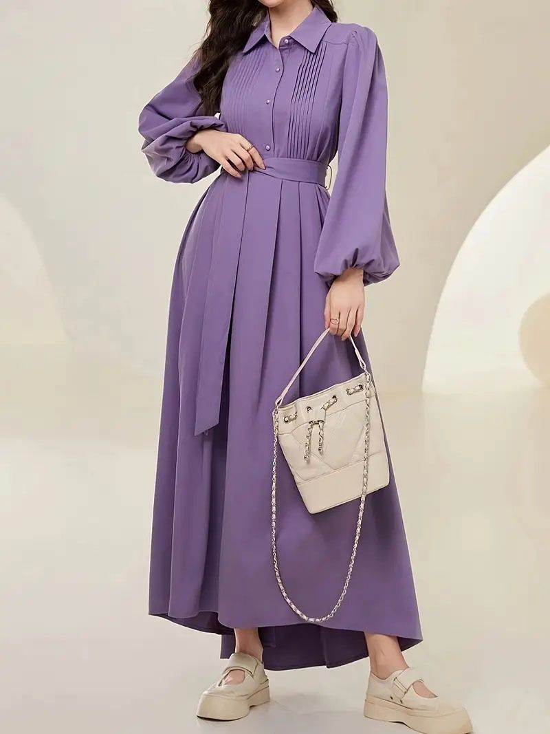 French Elegance, Pleated Tie, Long Sleeve, Slimming Solid Color Women's Dress, Long Skirt For Women_ecoleips.com