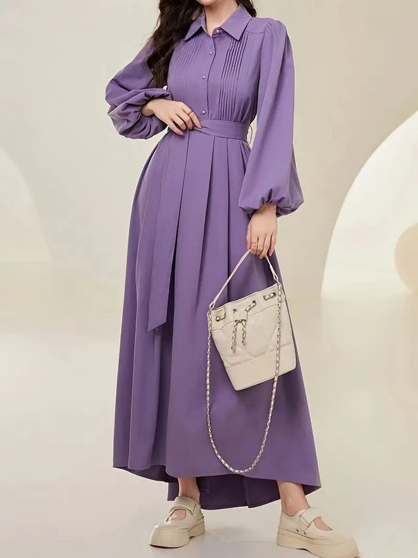 French Elegance, Pleated Tie, Long Sleeve, Slimming Solid Color Women's Dress, Long Skirt For Women_ecoleips.com