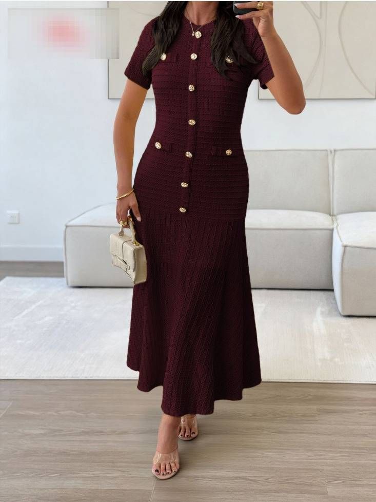 Elegant Bodycon Dress For Women - Stretchy High Waist Pencil Dress With Short Sleeves & Button Detail - Wrinkle-Free Polyester Blend (12 Colors)_ecoleips.com