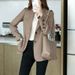 Women's Oversized Khaki Blazer – Korean-Inspired Relaxed Suit Jacket With Notch Lapel & Button Detail (S-XXL, Beige/Black)_ecoleips.com